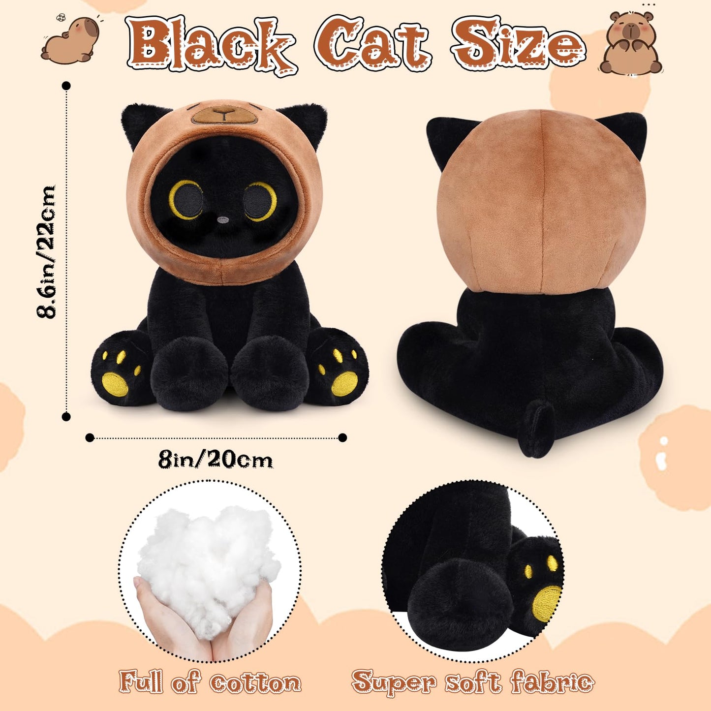 Hagusahuo Capybara Plush Cat – 8in Black Cat with Removable Hood | Kawaii Toy