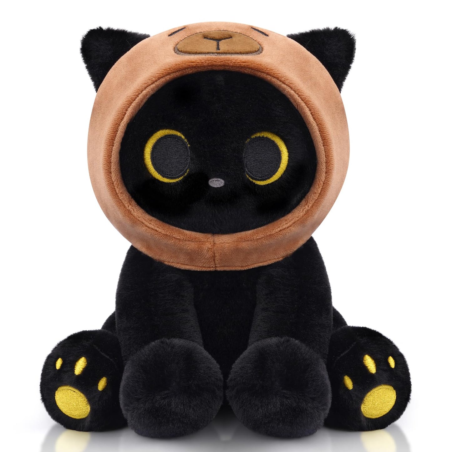Hagusahuo Capybara Plush Cat – 8in Black Cat with Removable Hood | Kawaii Toy