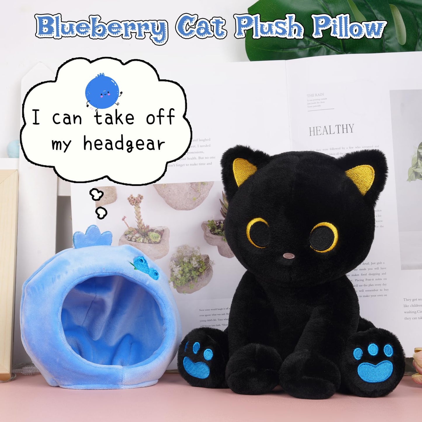 Hagusahuo Black Cat Plush – 8in Blueberry Headpiece Cat Toy for Kids