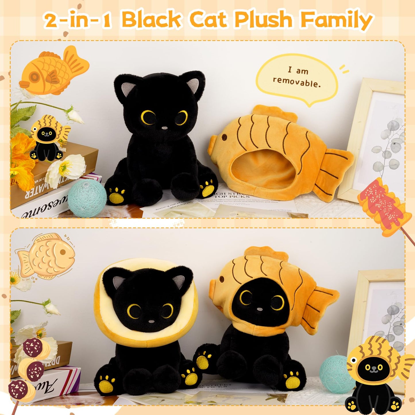Hagusahuo 8-Inch Black Cat Plush with Removable Taiyaki Hood – Kawaii Toy
