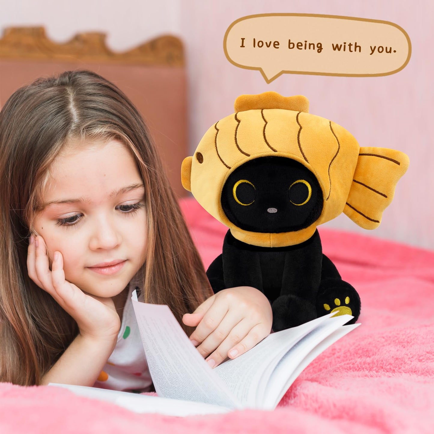 Hagusahuo 8-Inch Black Cat Plush with Removable Taiyaki Hood – Kawaii Toy