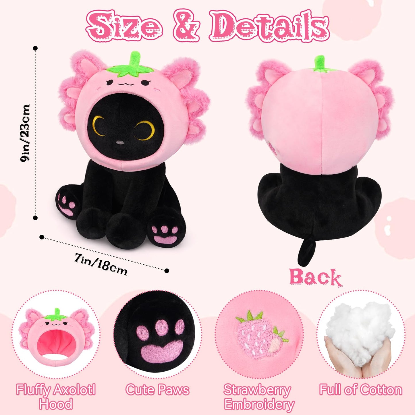 Hagusahuo Axolotl Plush Toy – 8-Inch Black Cat with Removable Strawberry Hat | Soft Plush Doll