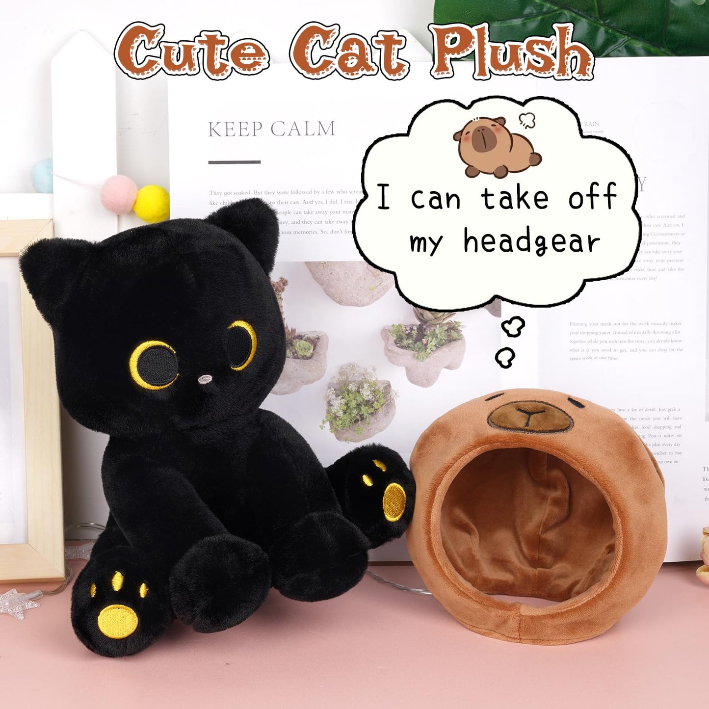 Hagusahuo Capybara Plush Cat – 8in Black Cat with Removable Hood | Kawaii Toy