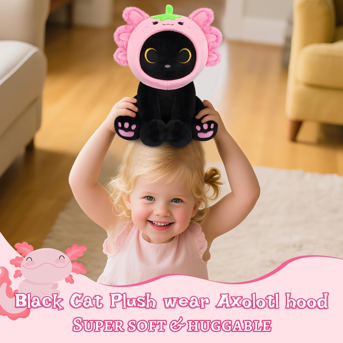 Hagusahuo Axolotl Plush Toy – 8-Inch Black Cat with Removable Strawberry Hat | Soft Plush Doll