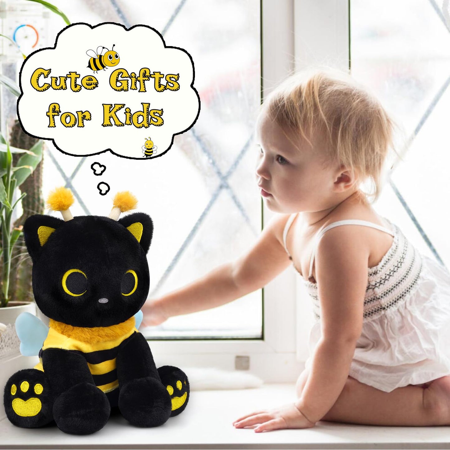 Hagusahuo Cat Bee Plush — 8-inch Kawaii Black Cat in Honeybee Outfit