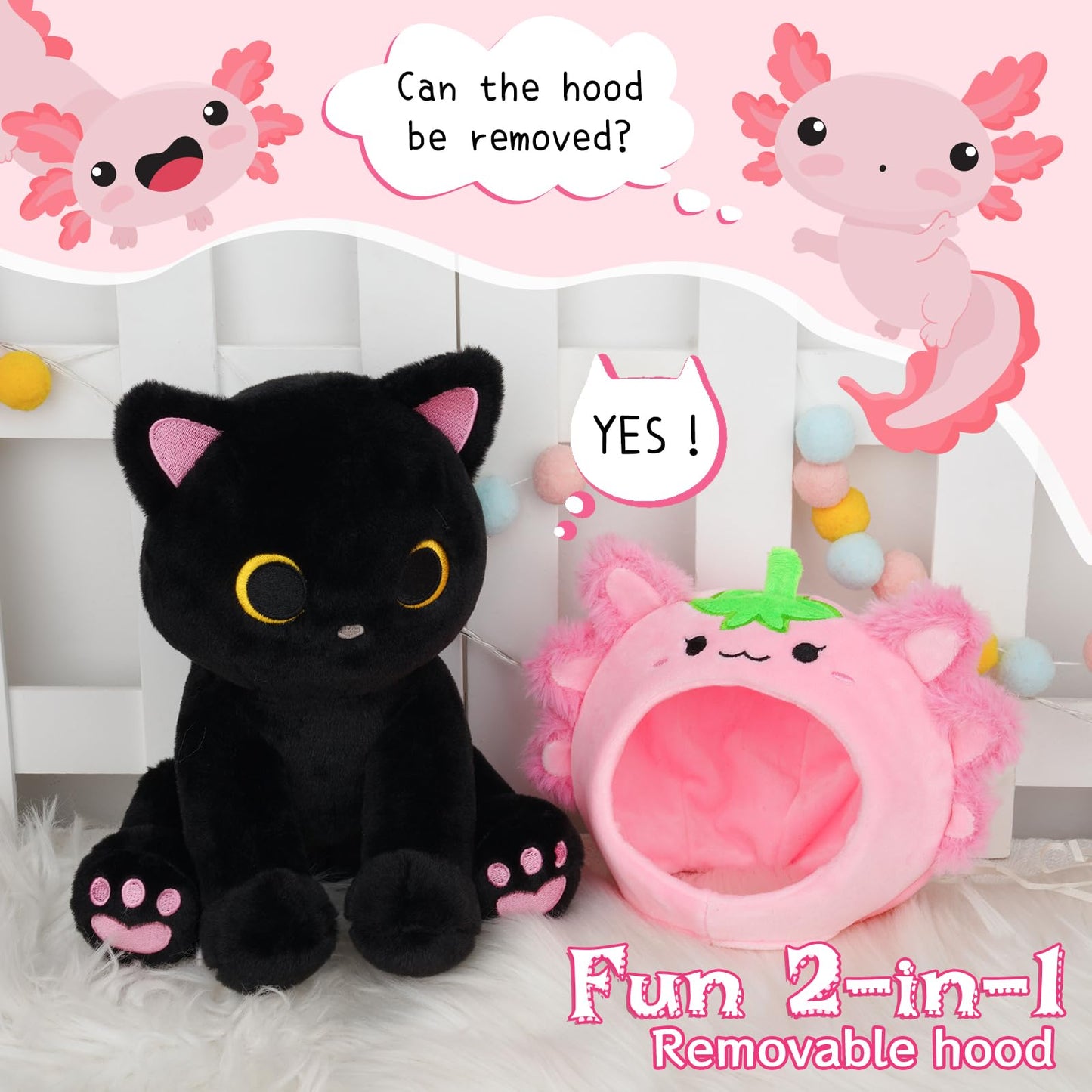 Hagusahuo Axolotl Plush Toy – 8-Inch Black Cat with Removable Strawberry Hat | Soft Plush Doll