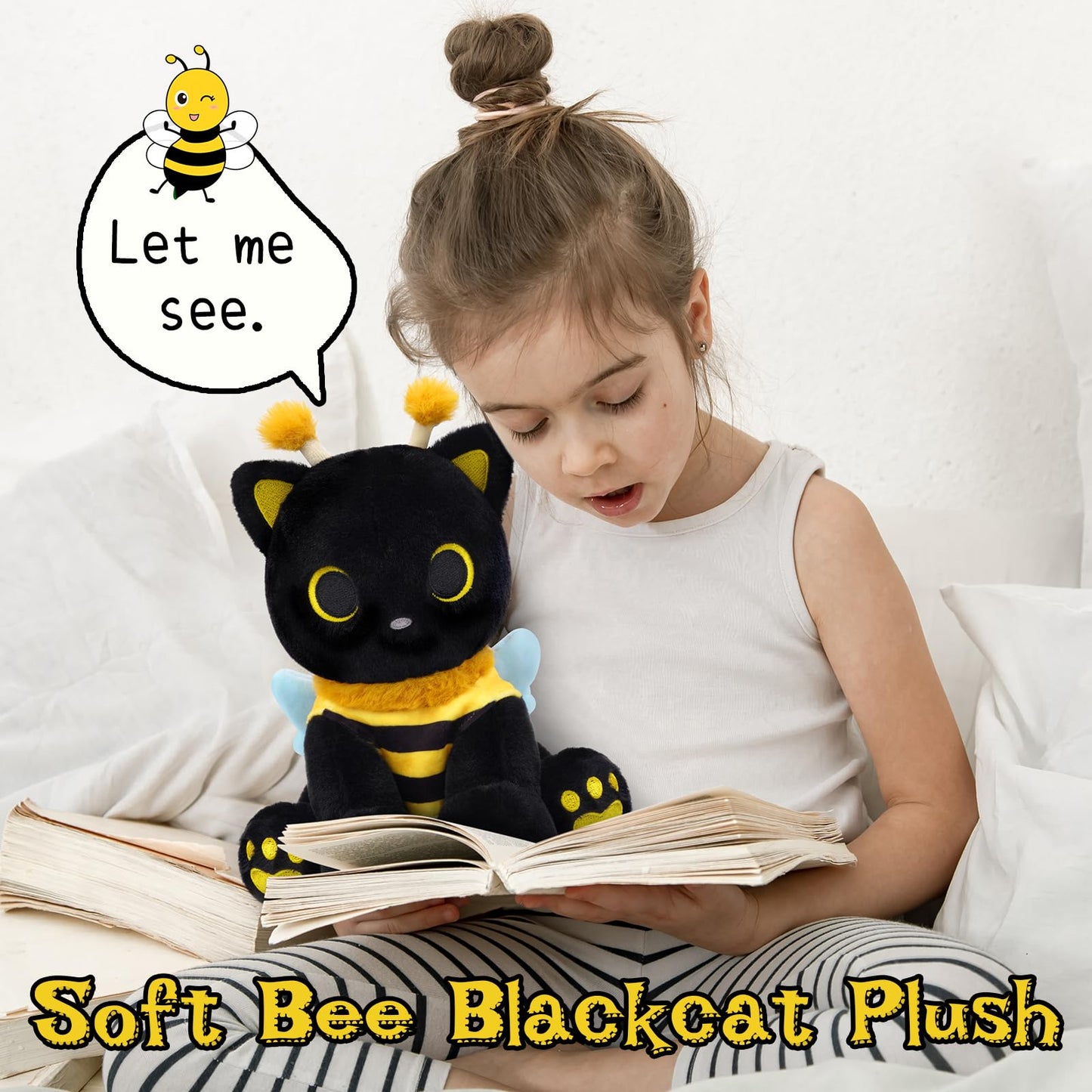 Hagusahuo Cat Bee Plush — 8-inch Kawaii Black Cat in Honeybee Outfit