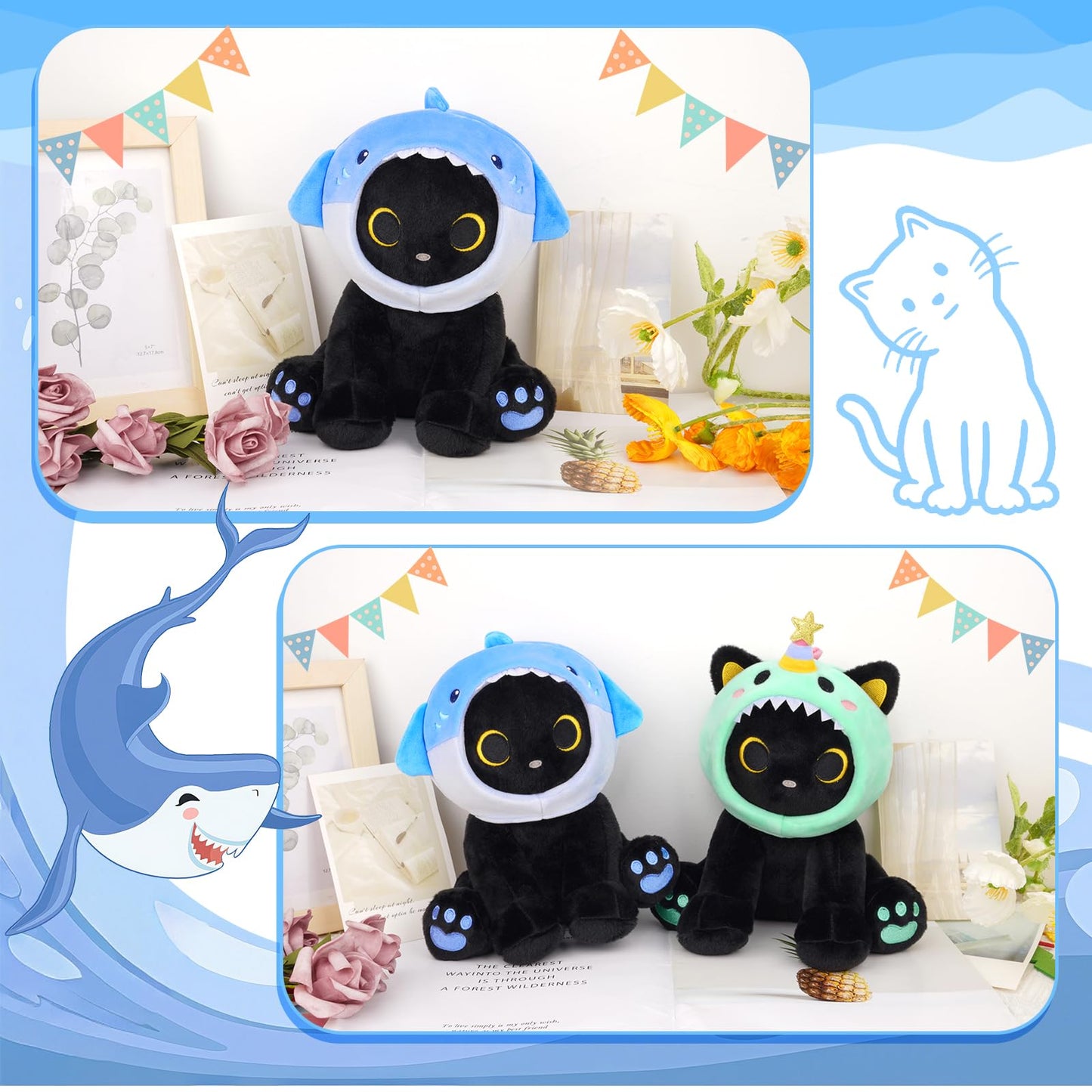 Hagusahuo Shark Plush Cat – 8-Inch with Removable Blue Shark Hood