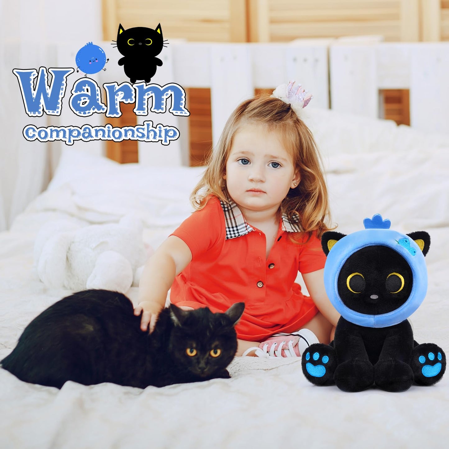 Hagusahuo Black Cat Plush – 8in Blueberry Headpiece Cat Toy for Kids