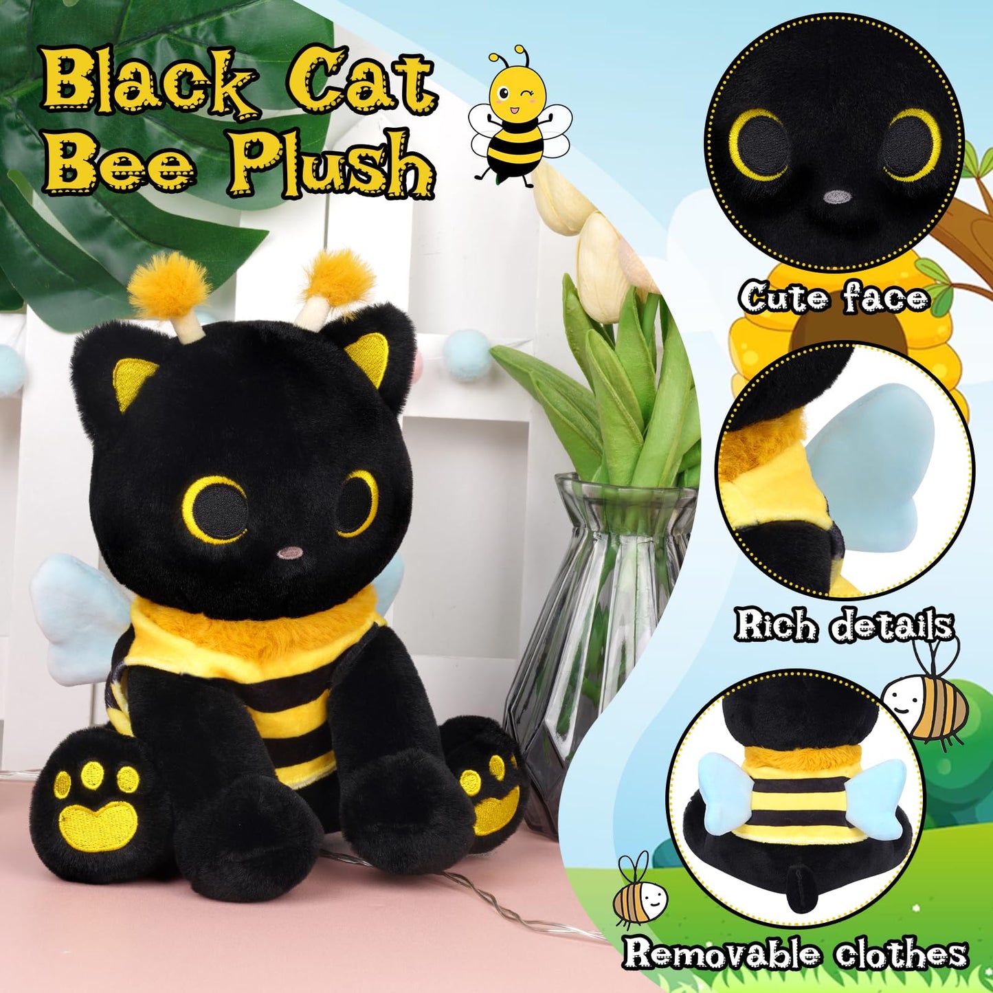 Hagusahuo Cat Bee Plush — 8-inch Kawaii Black Cat in Honeybee Outfit