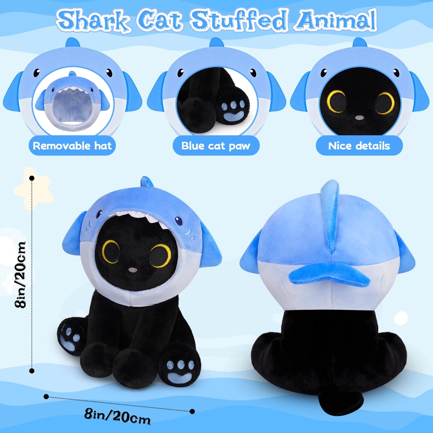 Hagusahuo Shark Plush Cat – 8-Inch with Removable Blue Shark Hood