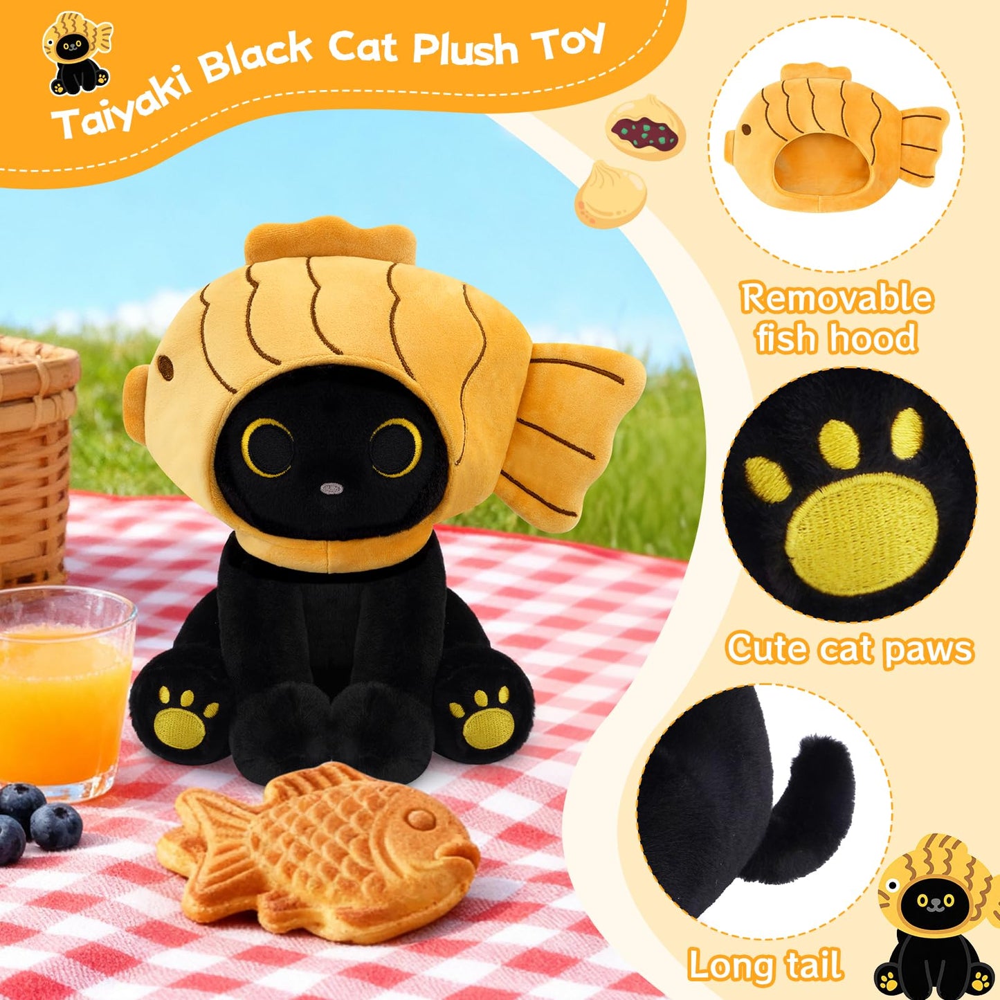 Hagusahuo 8-Inch Black Cat Plush with Removable Taiyaki Hood – Kawaii Toy