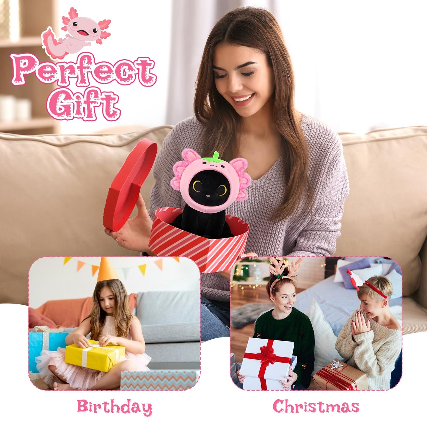 Hagusahuo Axolotl Plush Toy – 8-Inch Black Cat with Removable Strawberry Hat | Soft Plush Doll