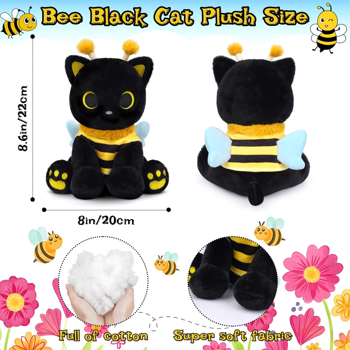 Hagusahuo Cat Bee Plush — 8-inch Kawaii Black Cat in Honeybee Outfit