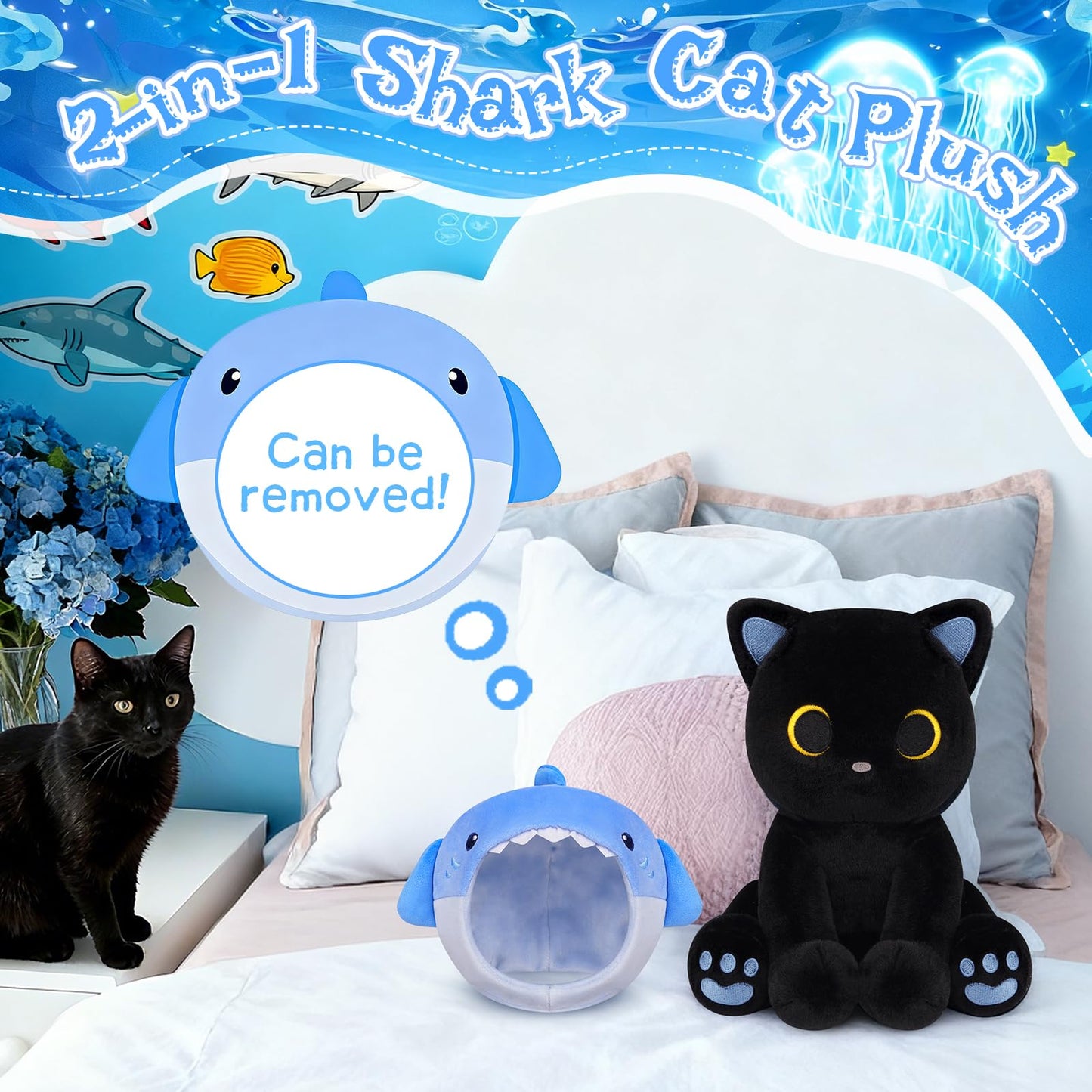 Hagusahuo Shark Plush Cat – 8-Inch with Removable Blue Shark Hood