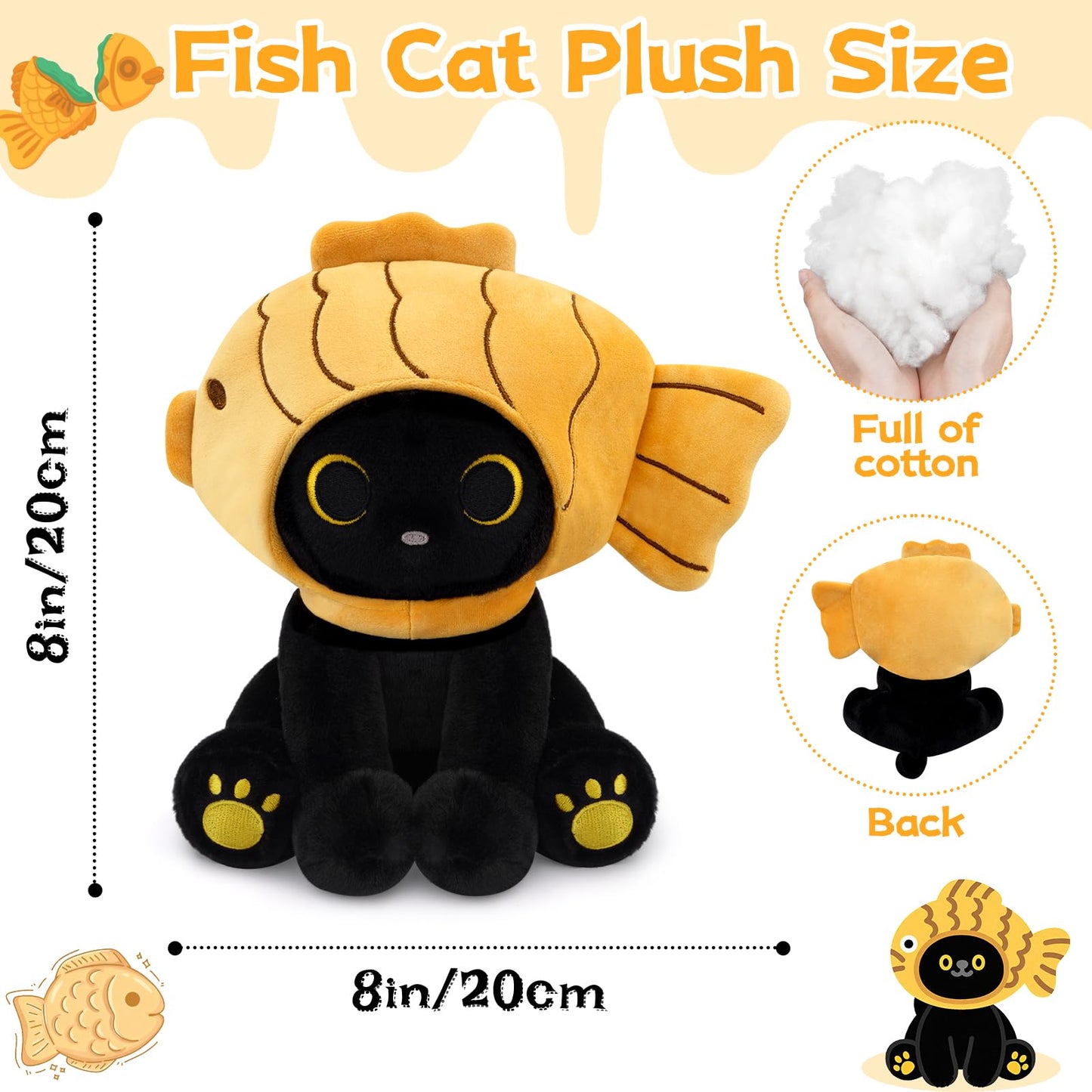Hagusahuo 8-Inch Black Cat Plush with Removable Taiyaki Hood – Kawaii Toy