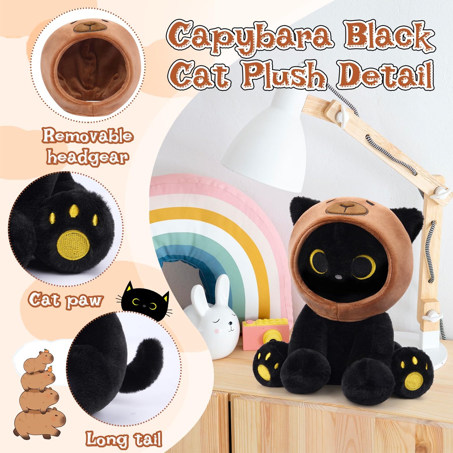 Hagusahuo Capybara Plush Cat – 8in Black Cat with Removable Hood | Kawaii Toy