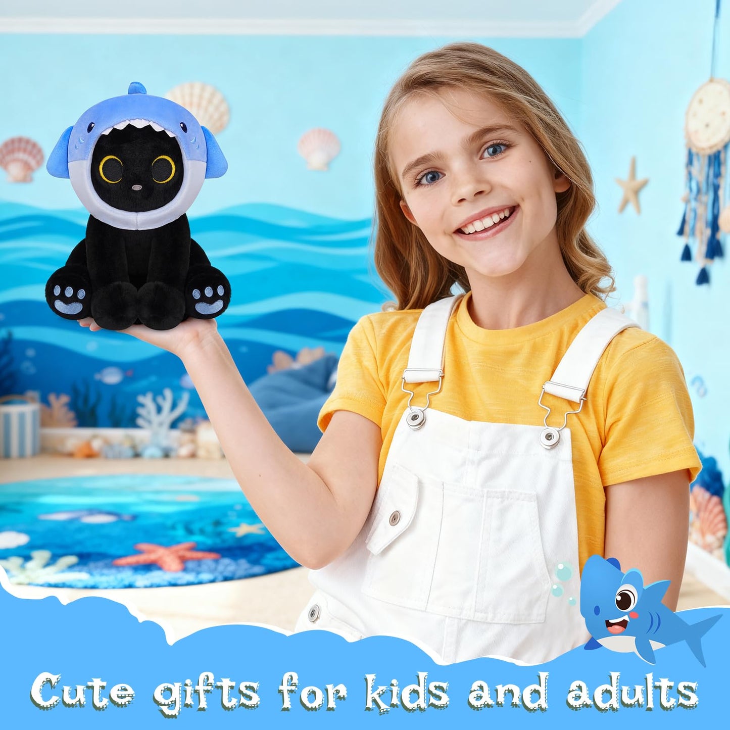 Hagusahuo Shark Plush Cat – 8-Inch with Removable Blue Shark Hood