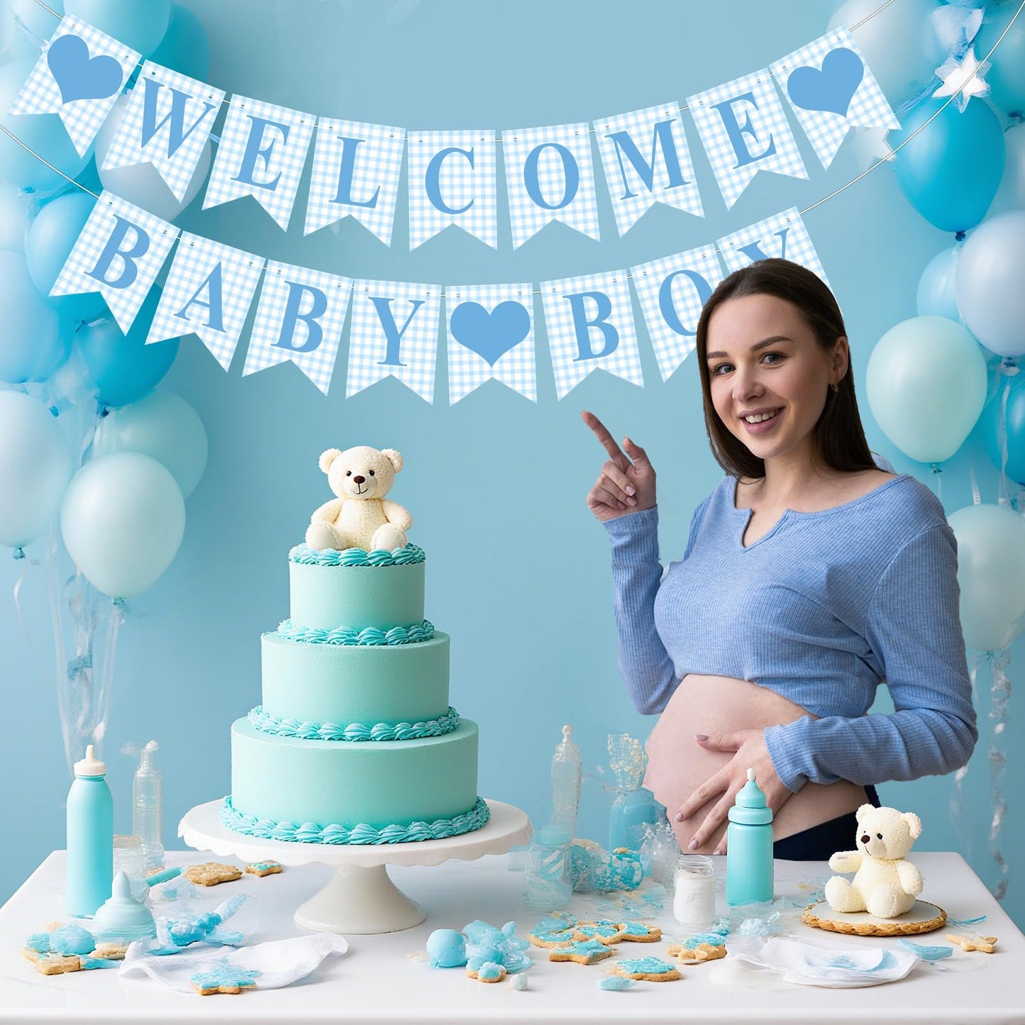 Hahafelt Blue Gingham Welcome Baby Boy Banner – Pre-Strung Baby Shower Decor