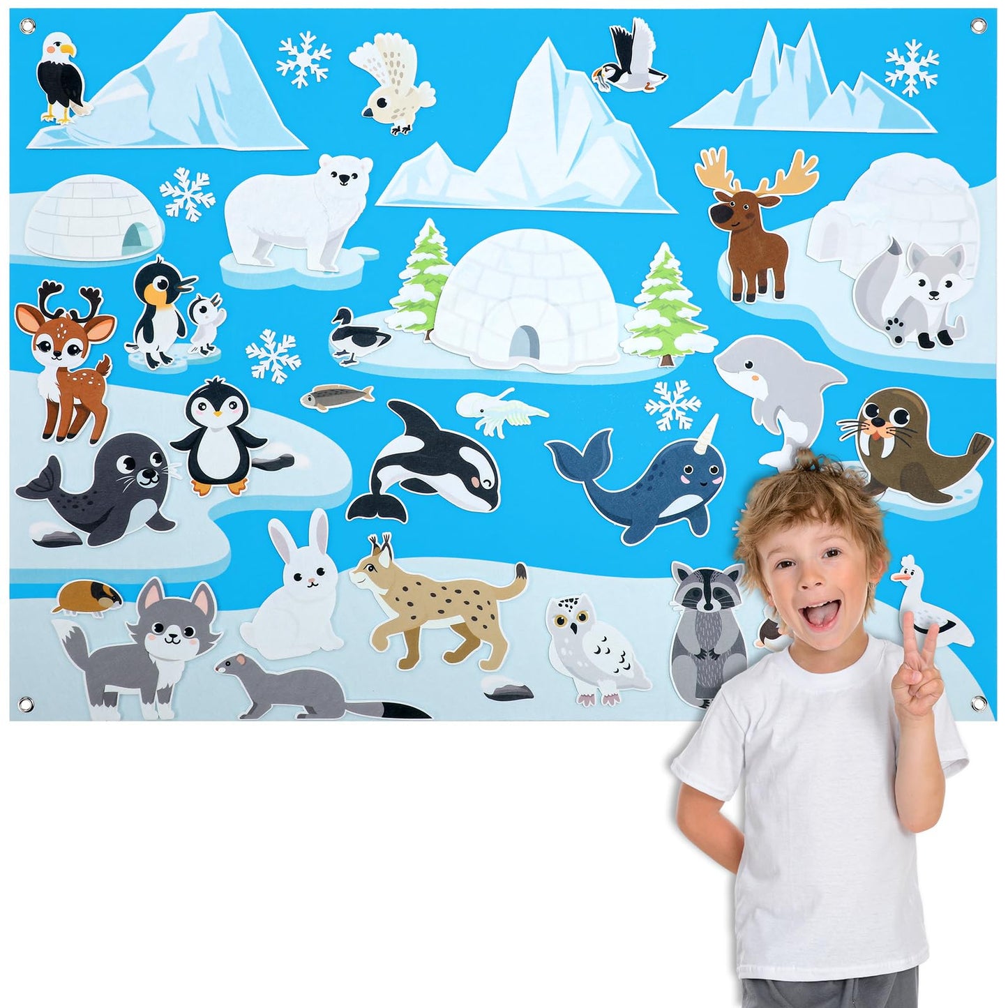 Hahafelt 43 Pcs Arctic Animals Felt Story Board Set – 41 x 30 Inch Polar Preschool Toy