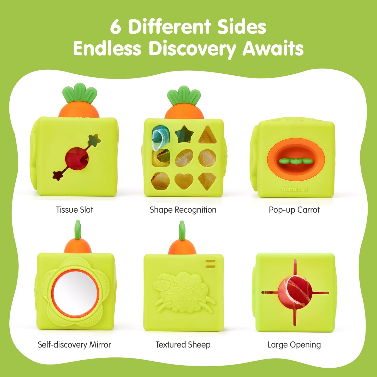Hahaland Baby Tissue Box Toy – 6-in-1 Silicone Montessori Busy Cube (6–12 Months)