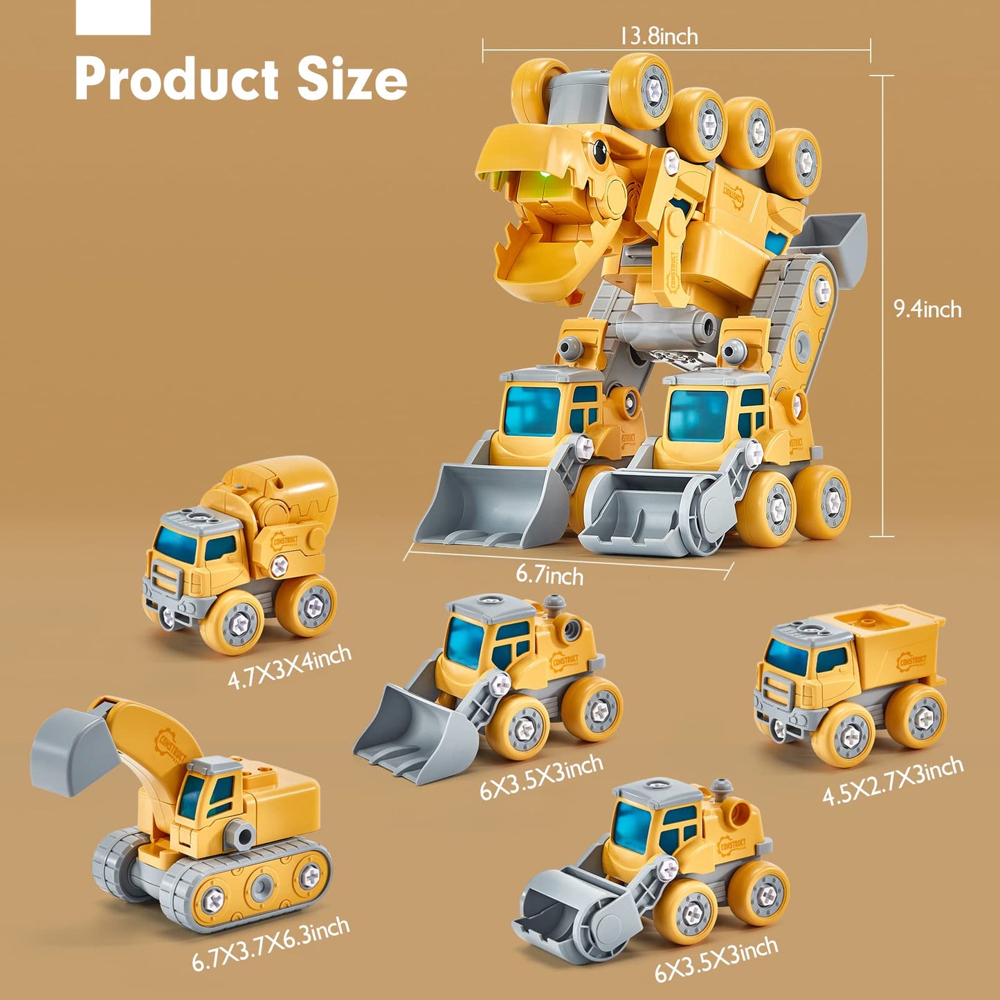 Hahaland 5-in-1 Take Apart Dinosaur Toy for Kids 5-8 | STEM Construction Vehicles