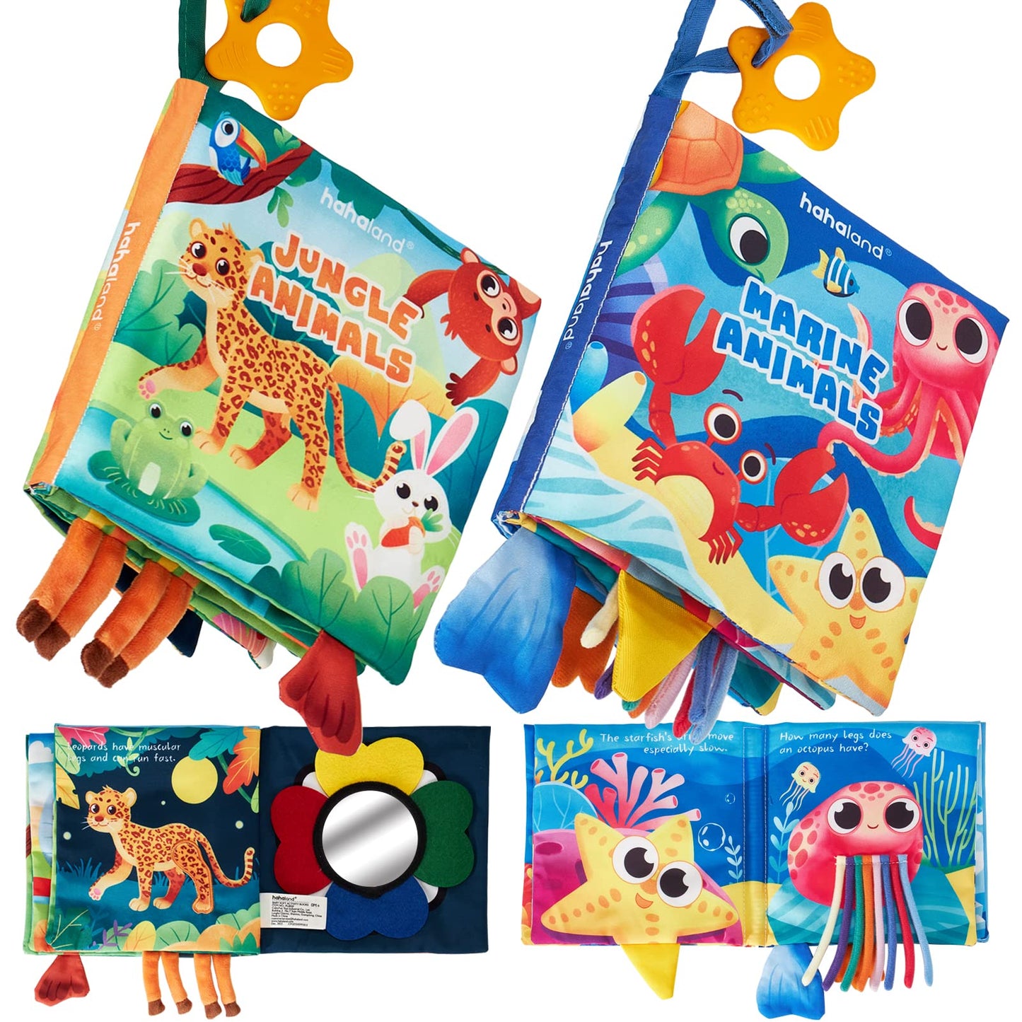 hahaland Baby Books 0-6 Months – 2-Pack Sensory Montessori Cloth Books with Crinkle, Mirror & Teether