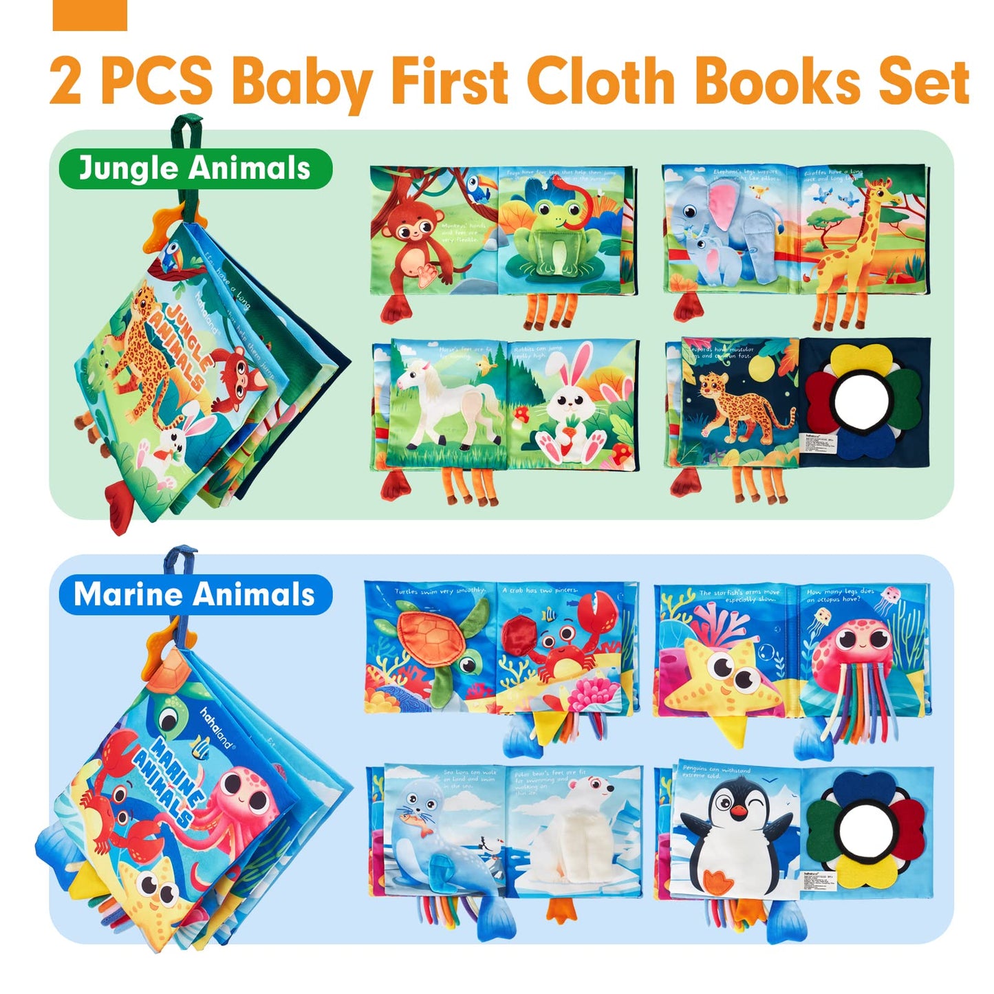 hahaland Baby Books 0-6 Months – 2-Pack Sensory Montessori Cloth Books with Crinkle, Mirror & Teether