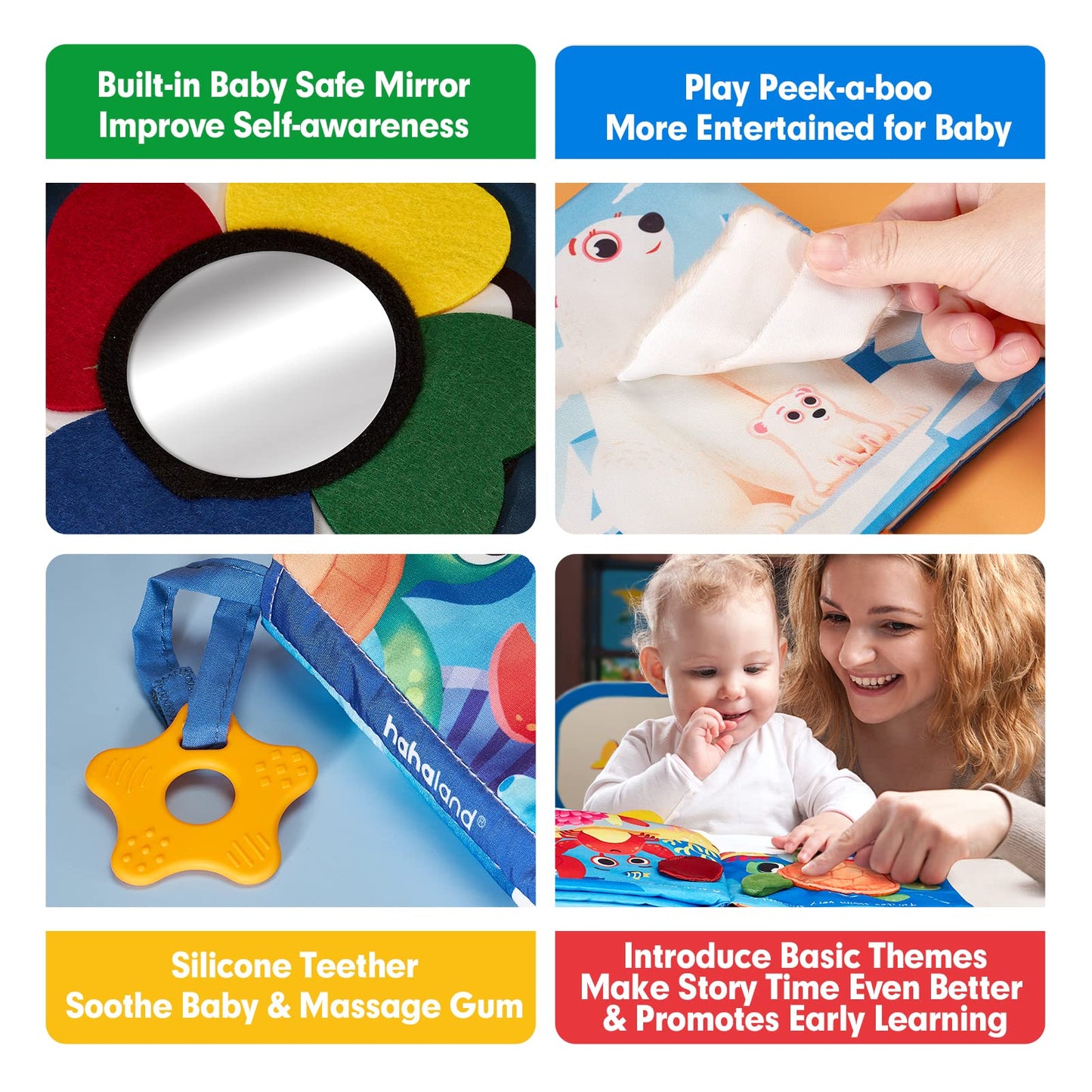 hahaland Baby Books 0-6 Months – 2-Pack Sensory Montessori Cloth Books with Crinkle, Mirror & Teether