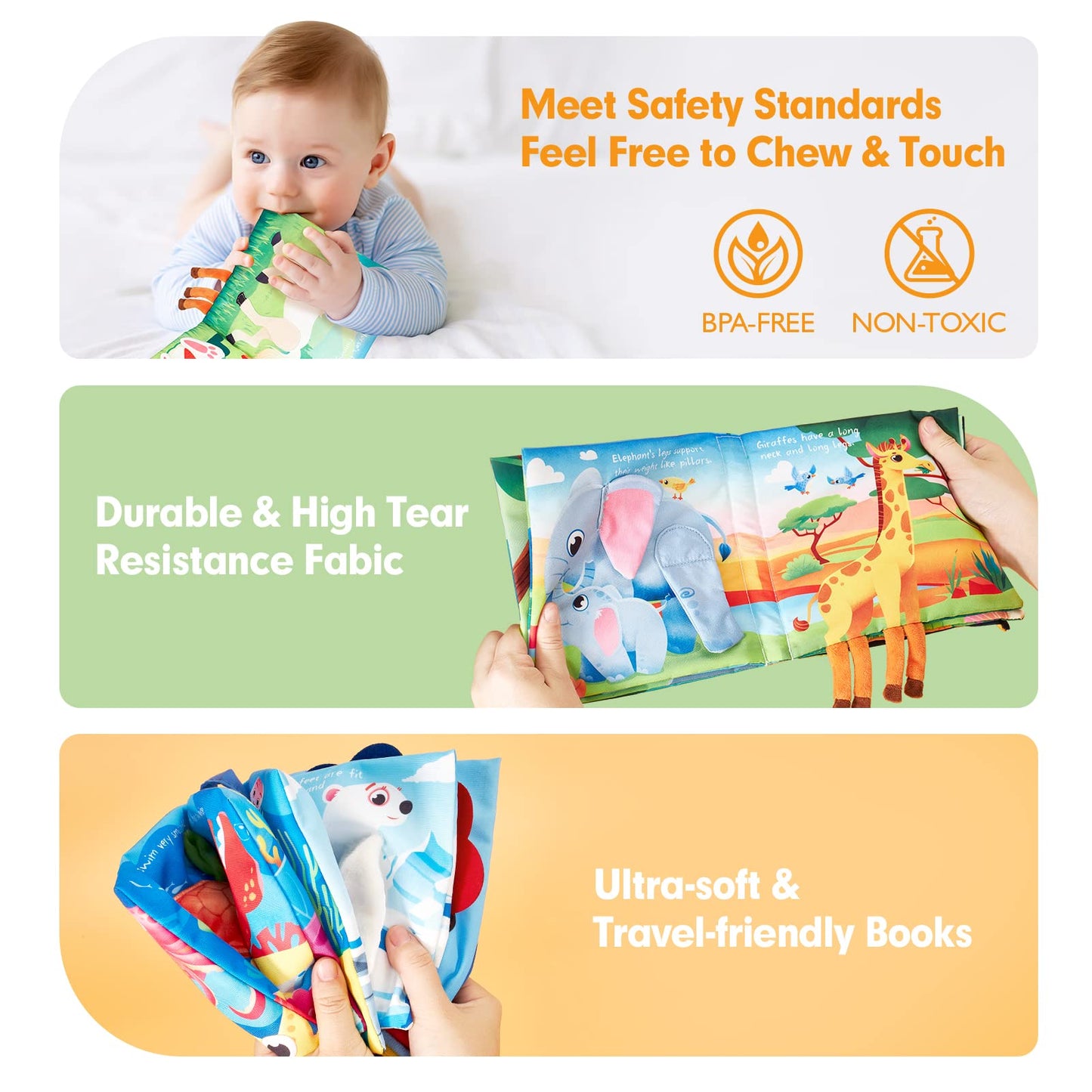 hahaland Baby Books 0-6 Months – 2-Pack Sensory Montessori Cloth Books with Crinkle, Mirror & Teether