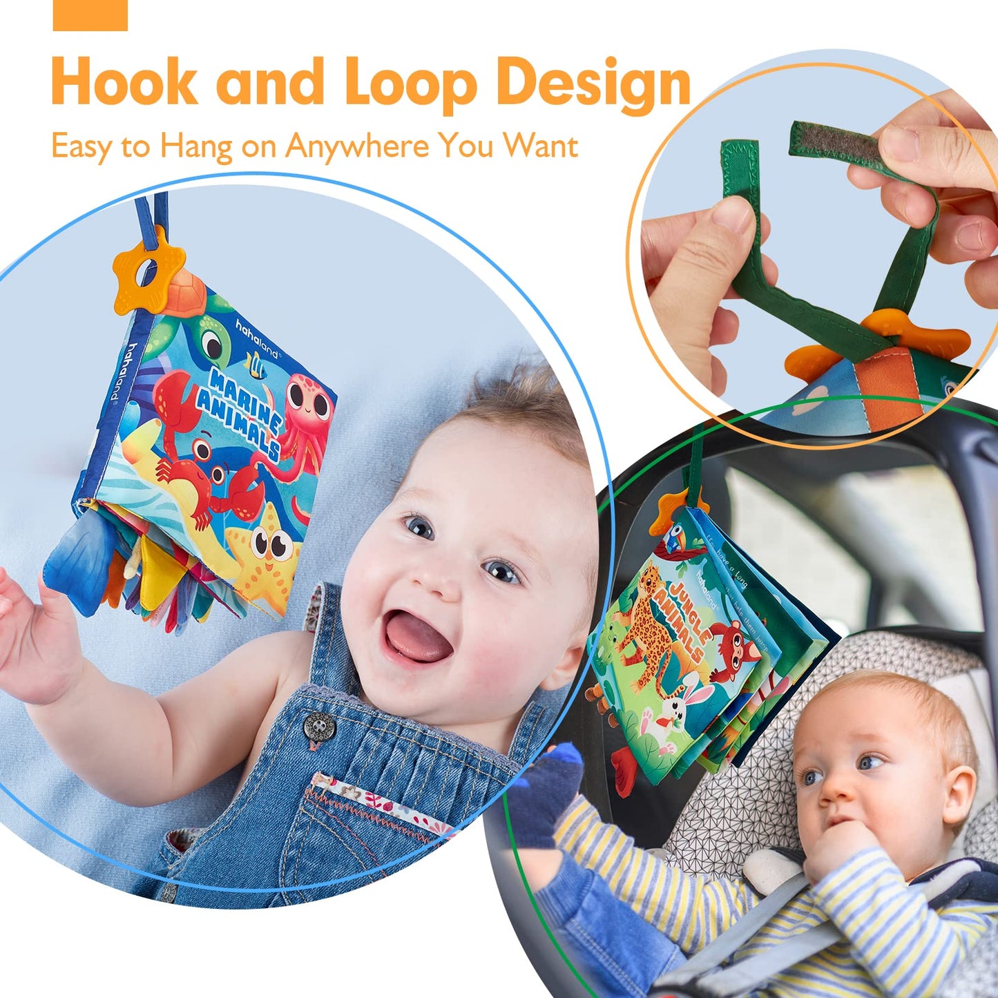 hahaland Baby Books 0-6 Months – 2-Pack Sensory Montessori Cloth Books with Crinkle, Mirror & Teether