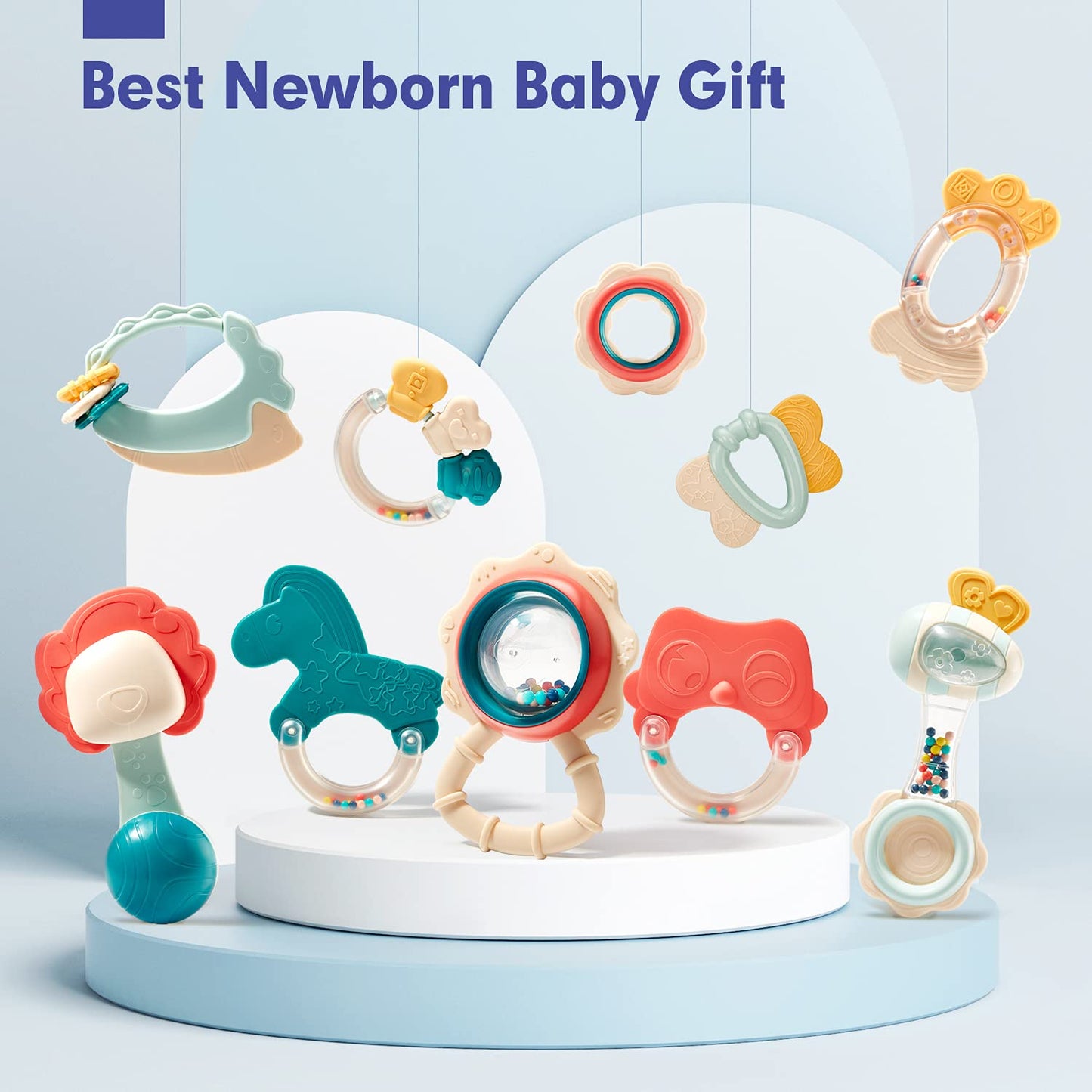 Hahaland 10-Piece Baby Rattle & Teether Set — Safe Montessori Toys for 0-12 Months