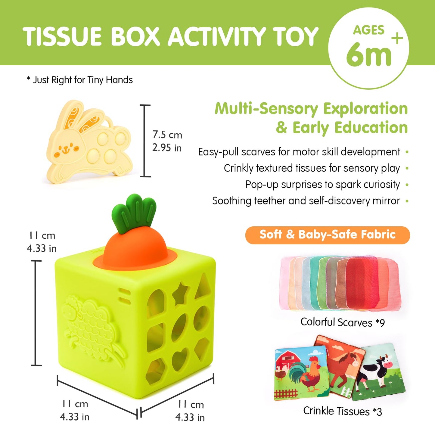 Hahaland Baby Tissue Box Toy – 6-in-1 Silicone Montessori Busy Cube (6–12 Months)