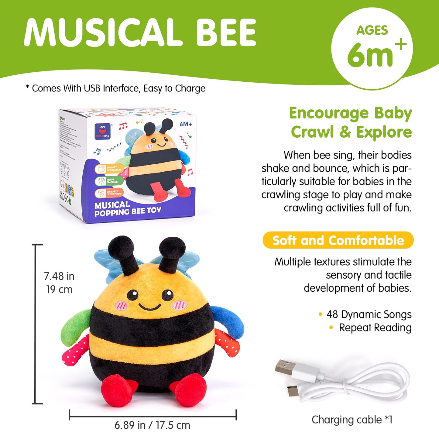 Hahaland Baby Bee Toy – Crawling, Dancing Plush for 6–18 Months (Music & Voice)