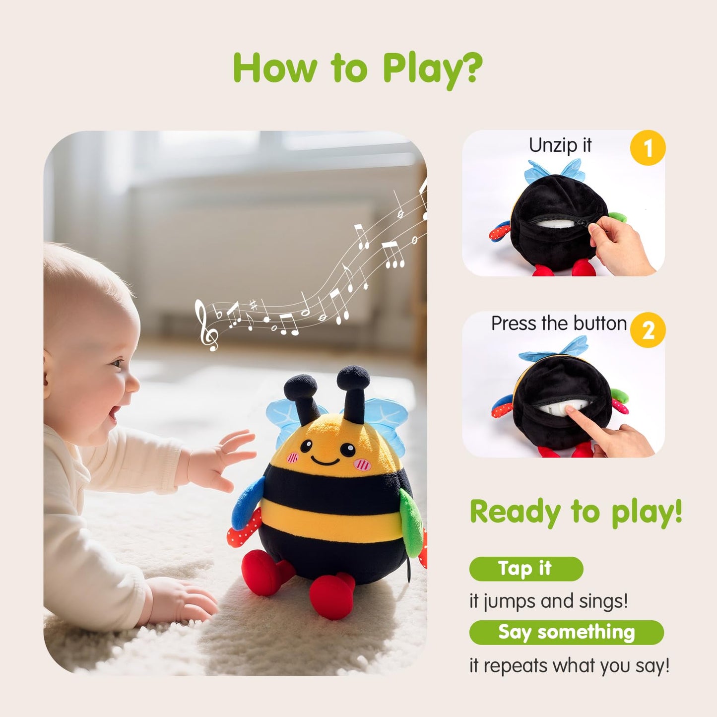 Hahaland Baby Bee Toy – Crawling, Dancing Plush for 6–18 Months (Music & Voice)