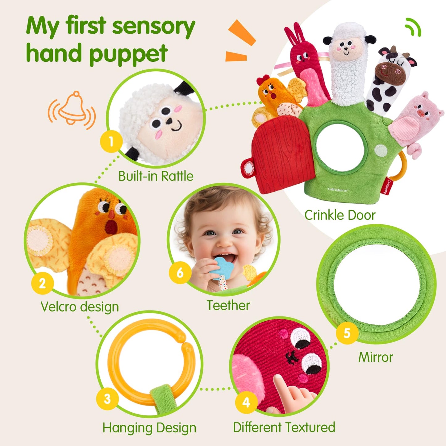 hahaland Baby Sensory Toys 6-12 Months – Montessori Farm Animal Hand Puppets with Rattle, Crinkle, Teether, Mirror