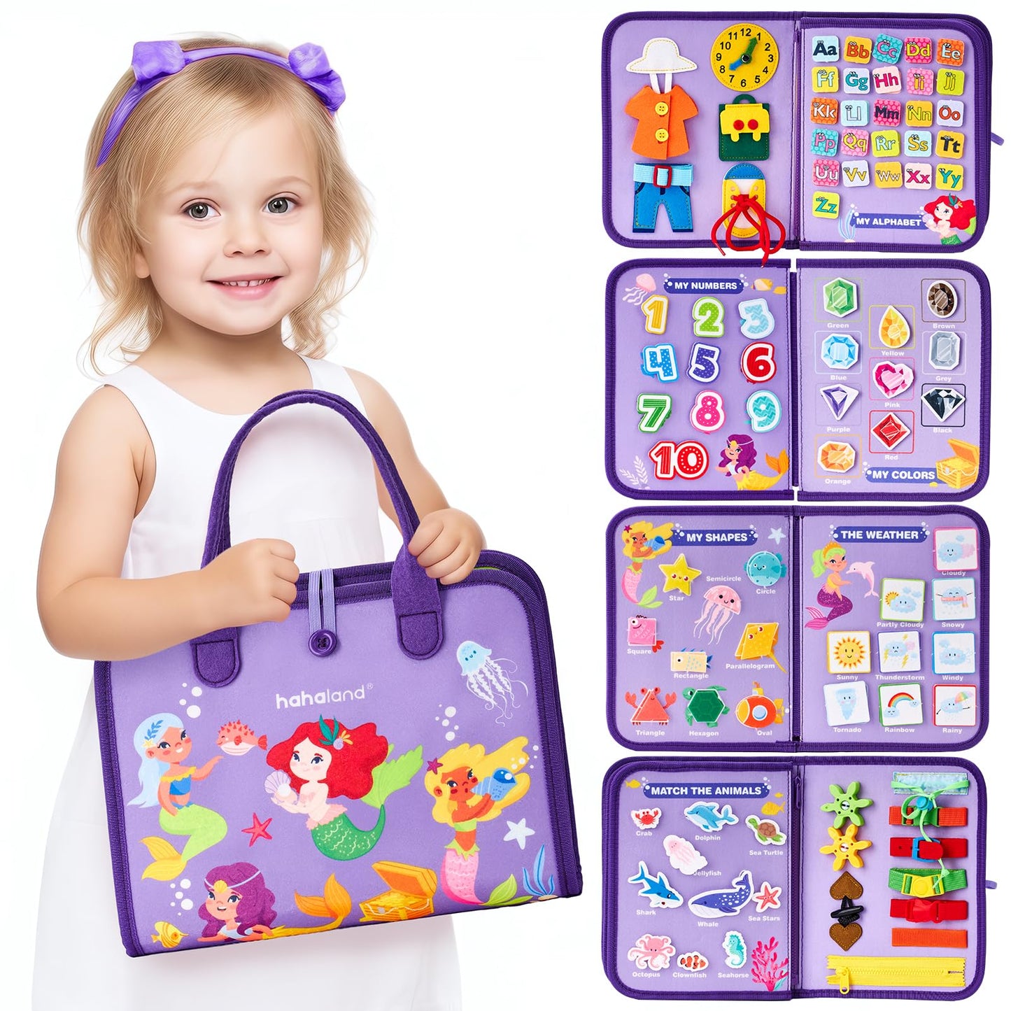 Hahaland Busy Board Montessori Toys - 8-in-1 Preschool Learning for 3 Year Old Girls | Travel Ready Gift