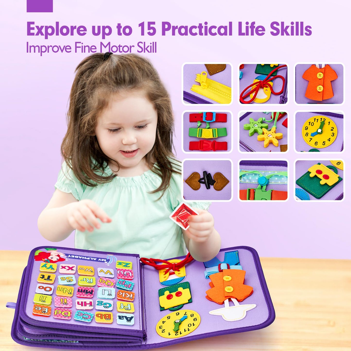 Hahaland Busy Board Montessori Toys - 8-in-1 Preschool Learning for 3 Year Old Girls | Travel Ready Gift