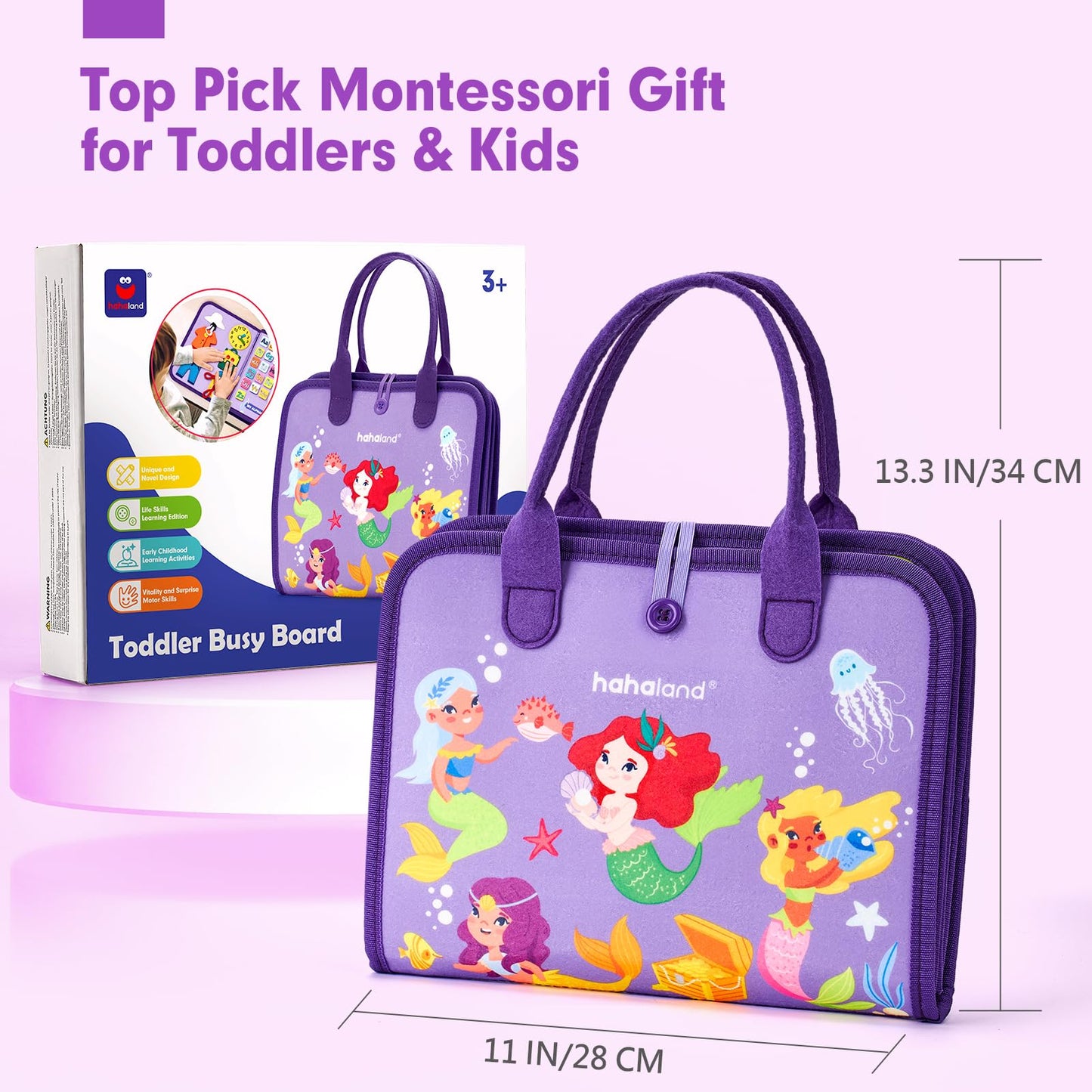 Hahaland Busy Board Montessori Toys - 8-in-1 Preschool Learning for 3 Year Old Girls | Travel Ready Gift