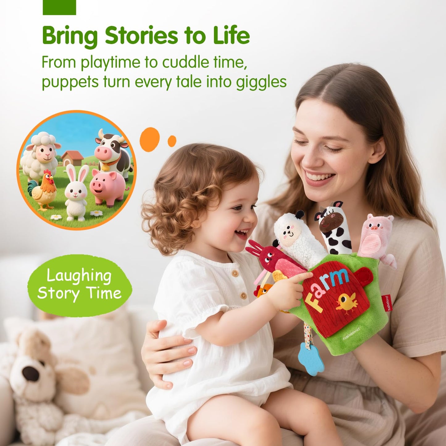 hahaland Baby Sensory Toys 6-12 Months – Montessori Farm Animal Hand Puppets with Rattle, Crinkle, Teether, Mirror