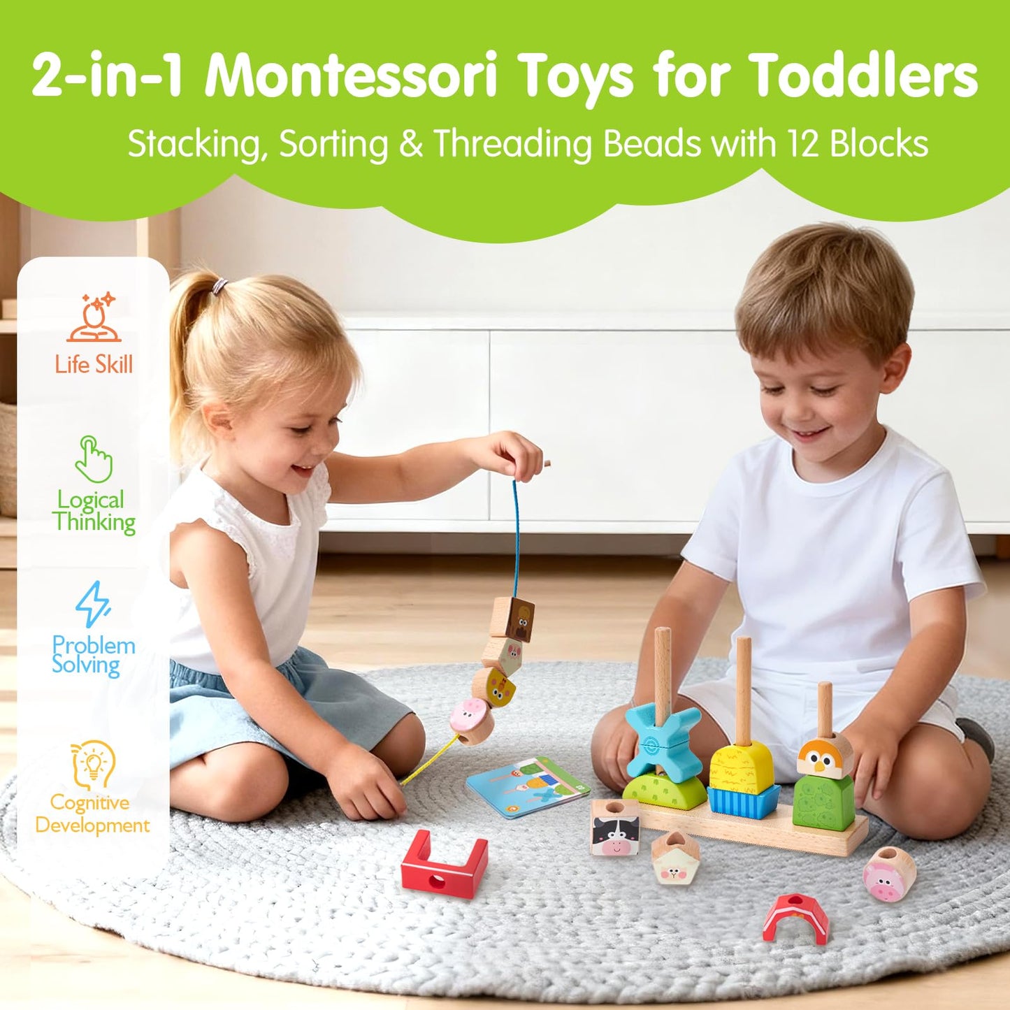 Hahaland Montessori Wooden Brain Building Block – Day & Night 24-Challenge Toddler Toy