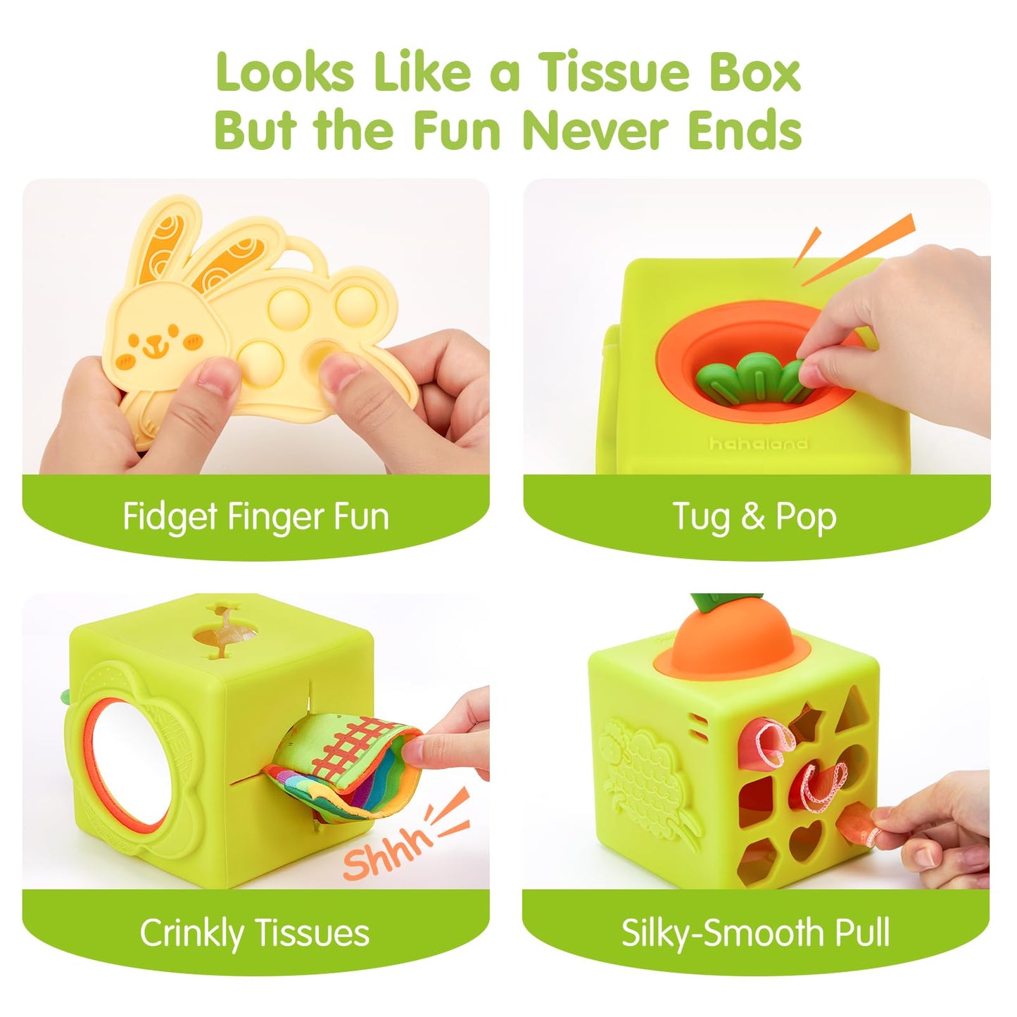 Hahaland Baby Tissue Box Toy – 6-in-1 Silicone Montessori Busy Cube (6–12 Months)