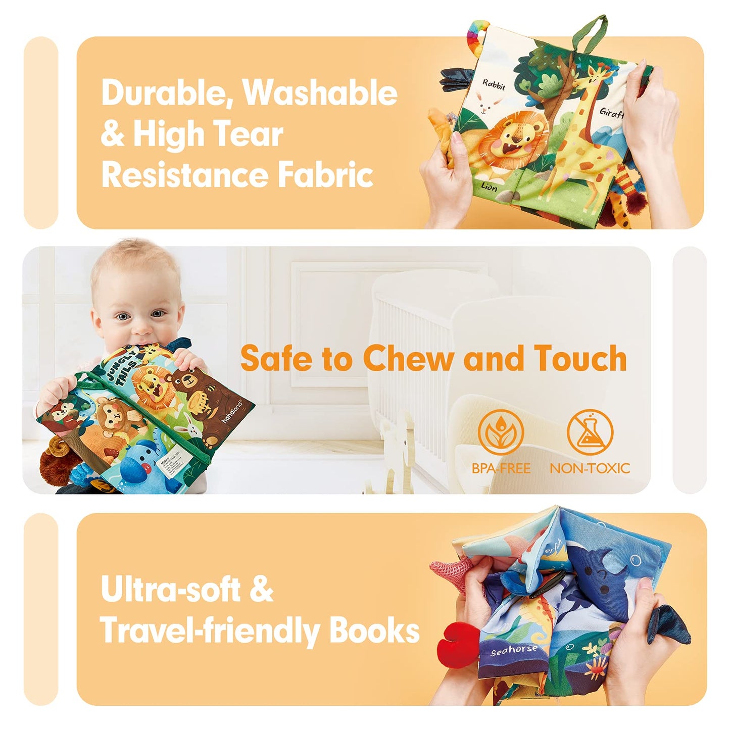 hahaland Crinkle Books 0-6 Months - 2-Pack Soft Cloth Sensory Baby Books for Tummy Time