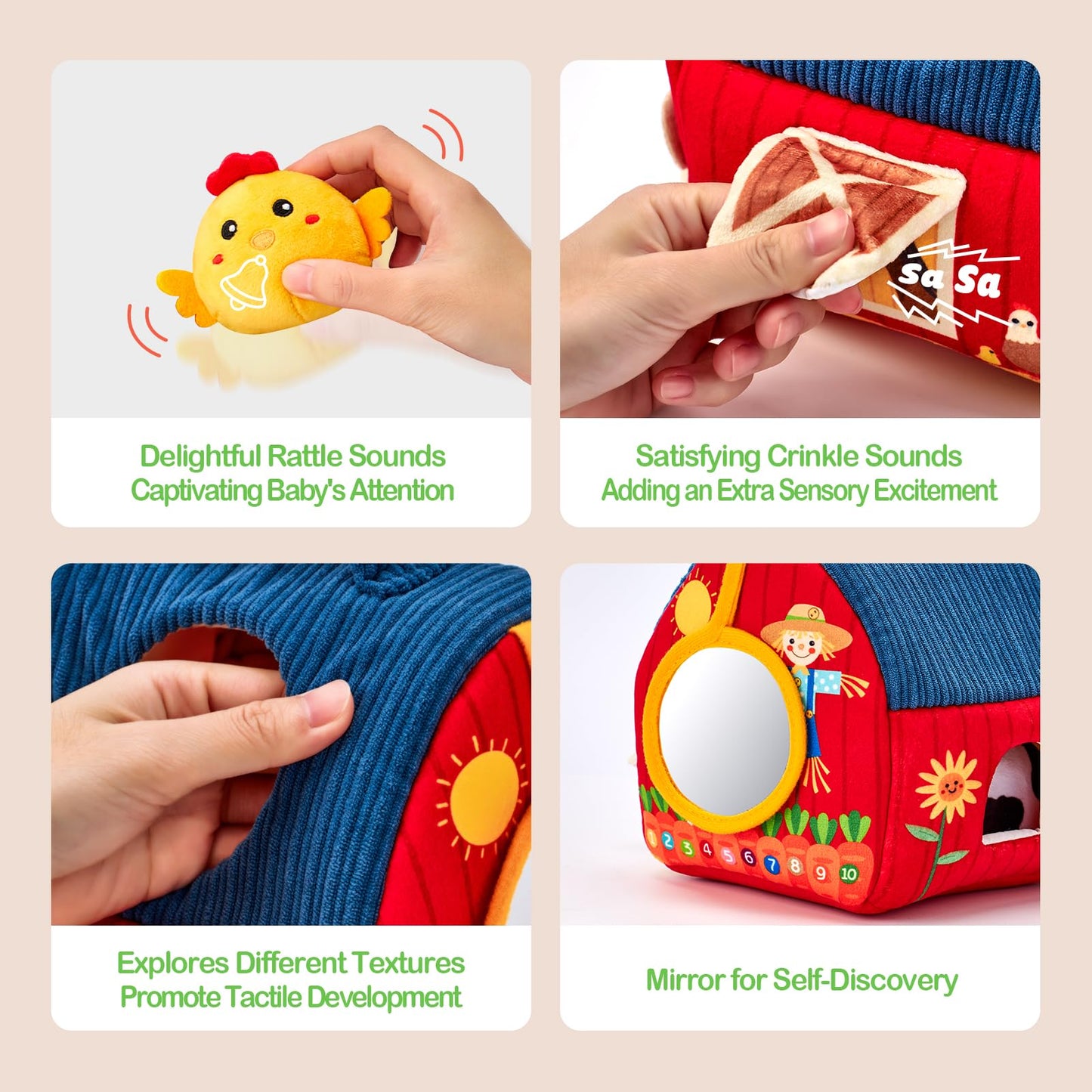 hahaland Surprise Barn Toys for 6-12 Months – Rattle, Crinkle and Mirror