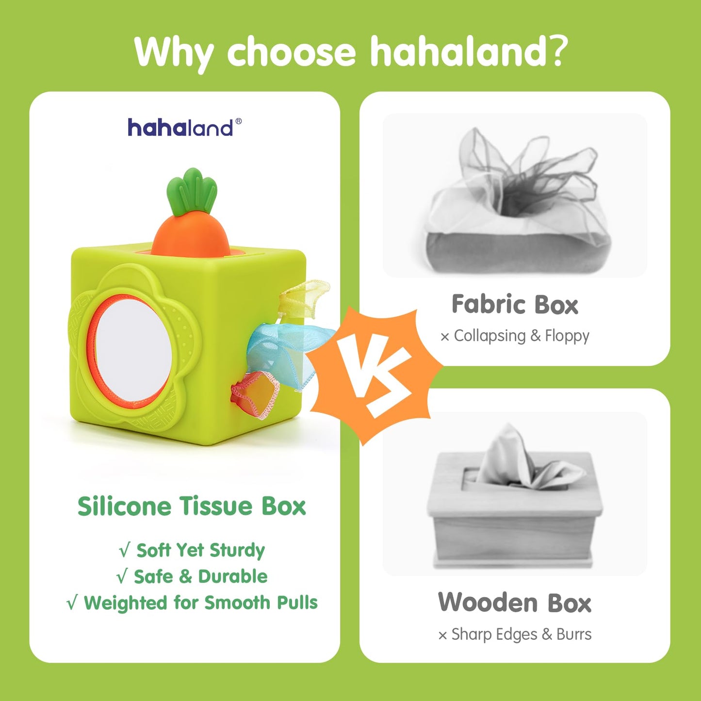 Hahaland Baby Tissue Box Toy – 6-in-1 Silicone Montessori Busy Cube (6–12 Months)