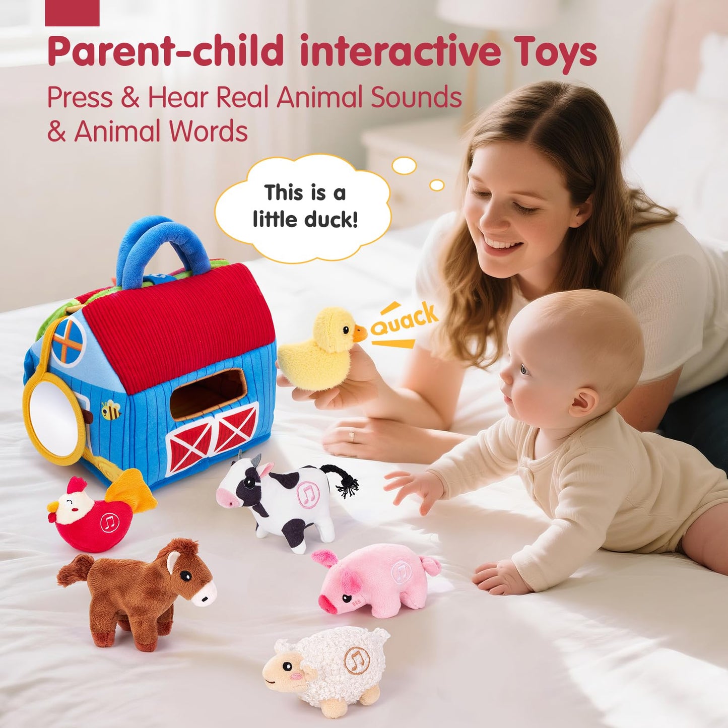 Hahaland Surprise Barn: Talking Farm Toys for 6-12 Months – Montessori Plush Animals with Real Sounds