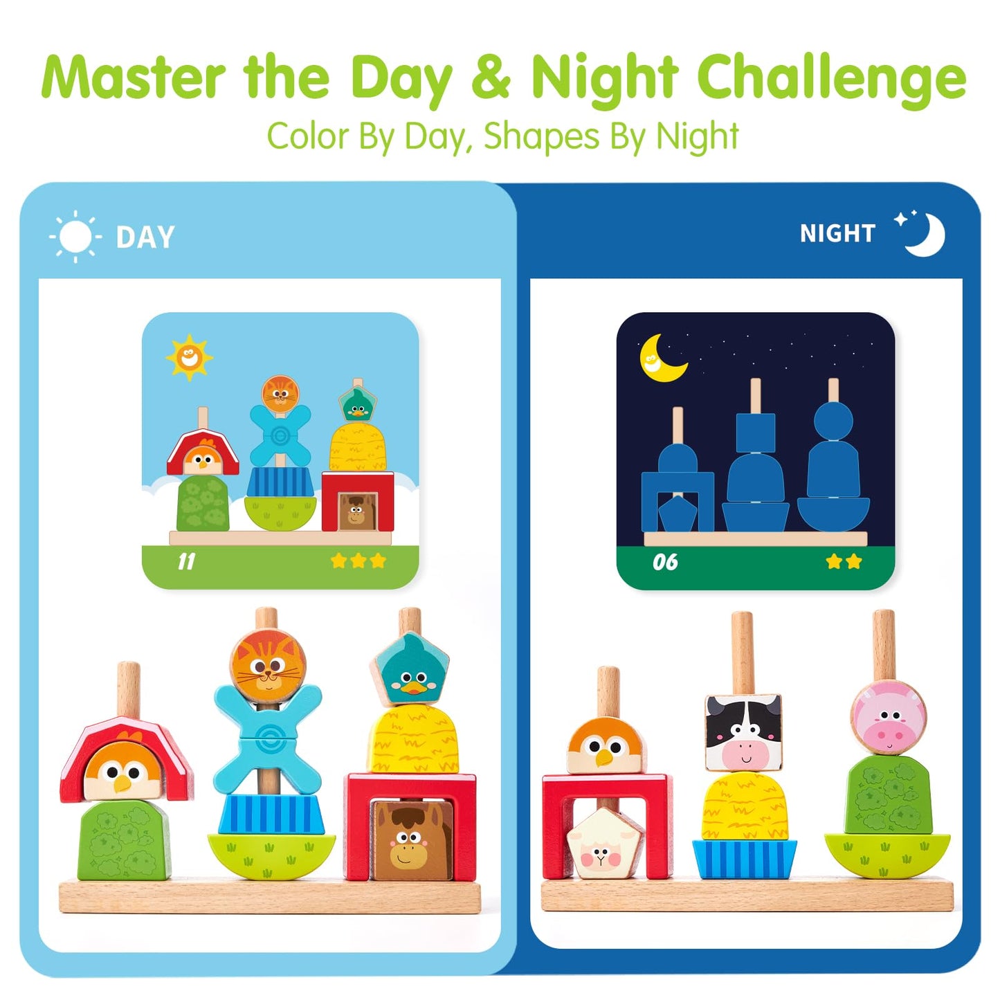 Hahaland Montessori Wooden Brain Building Block – Day & Night 24-Challenge Toddler Toy