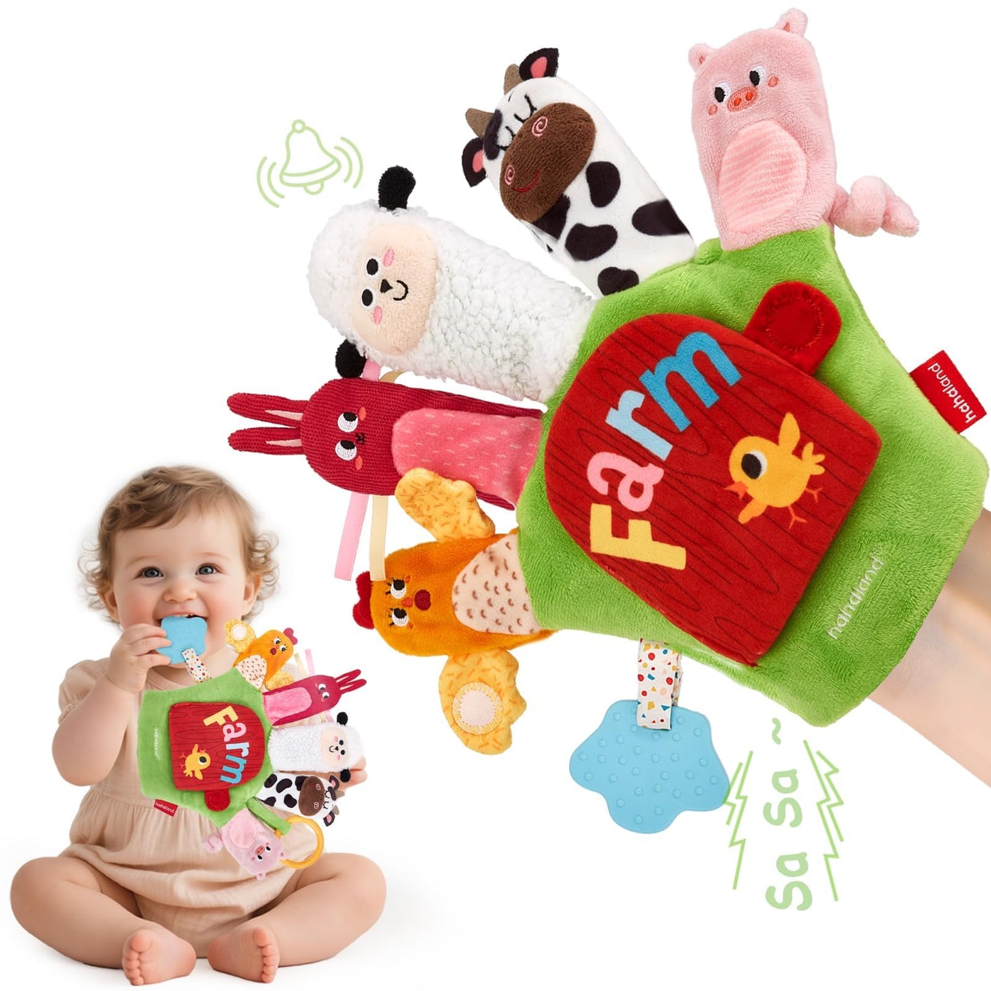 hahaland Baby Sensory Toys 6-12 Months – Montessori Farm Animal Hand Puppets with Rattle, Crinkle, Teether, Mirror