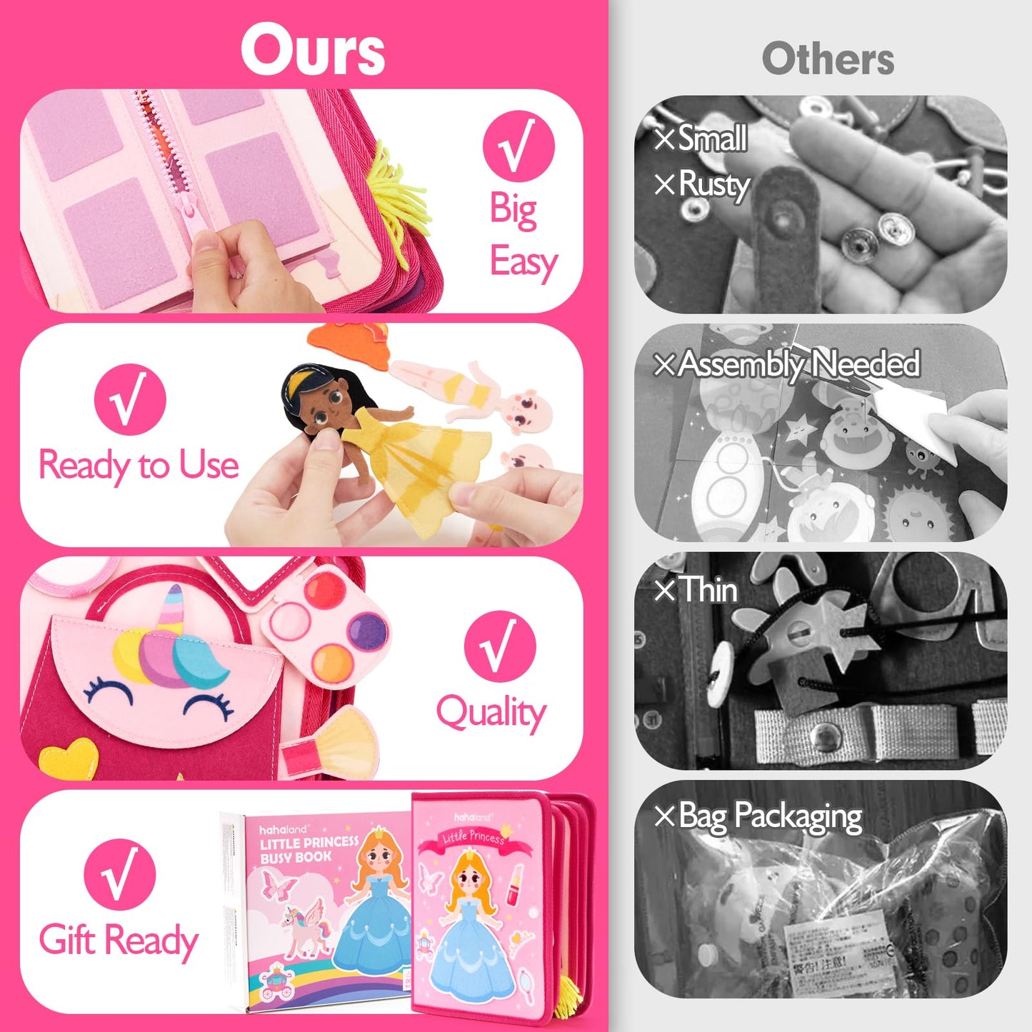 Hahaland Princess Busy Board for Toddlers 3-5 | Montessori Quiet Book & Travel Toy for Girls