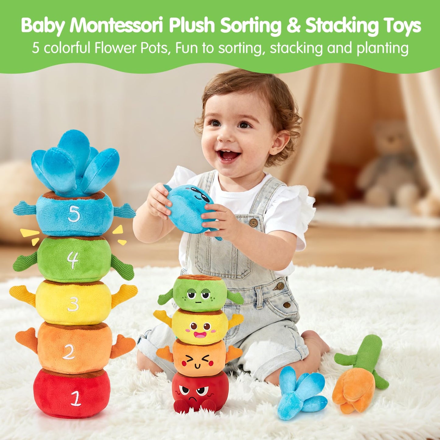Hahaland Montessori Toys for 1-Year-Olds & Toddlers – 10-in-1 Plant Plush Garden Stacking Toys (Fine Motor & Sensory)